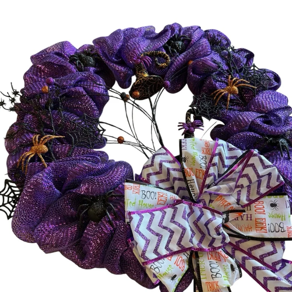 Handmade Purple Halloween Deco Mesh Wreath with Ribbon Bow, Spiders & Webs 20